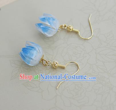 Asian Chinese Traditional Jewelry Accessories Hanfu Traditional Blue Flower Bud Earrings for Women