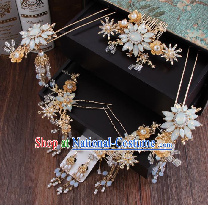 Chinese Ancient Bride Hair Accessories Classical Opal Hair Comb Hanfu Handmade Hairpins for Women