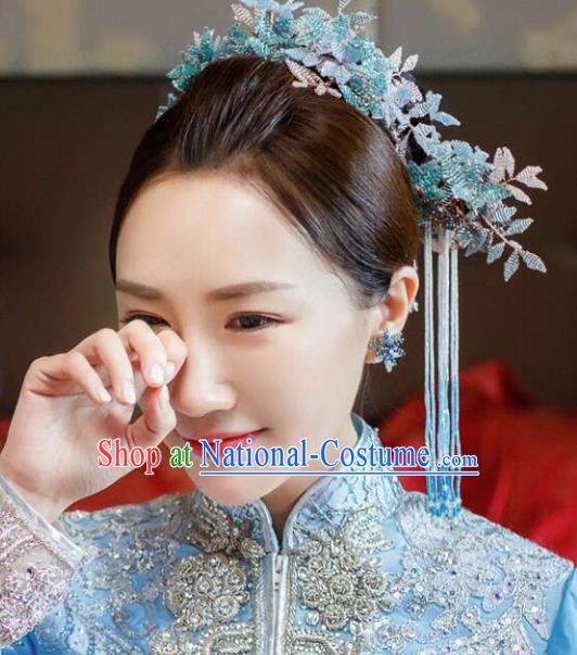 Chinese Ancient Bride Hair Accessories Blue Leaf Hair Comb Hanfu Handmade Hairpins for Women