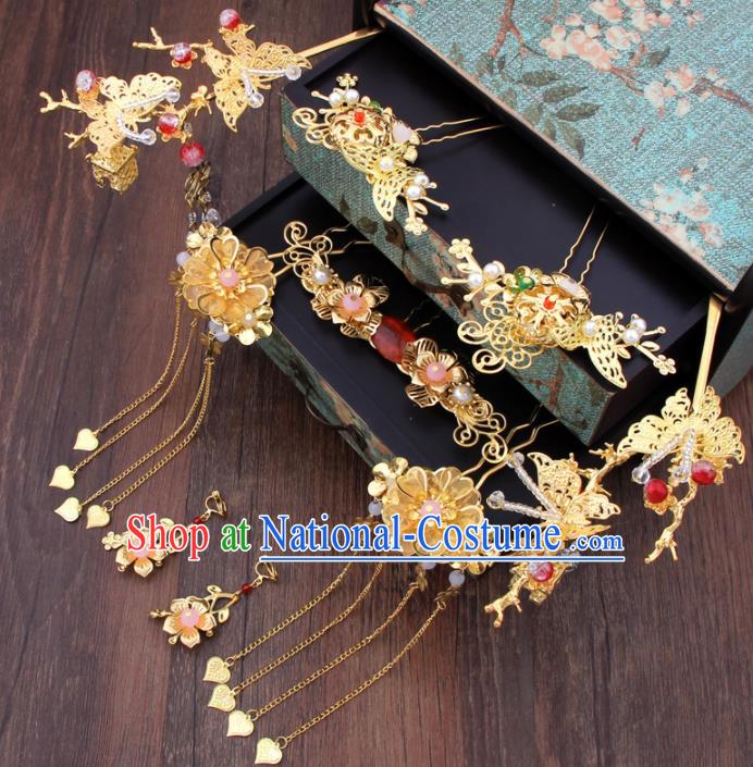 Chinese Ancient Bride Hair Accessories XiuHe Suit Tassel Golden Hair Clips Hanfu Handmade Hairpins for Women