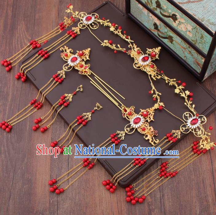 Chinese Ancient Bride Hair Accessories XiuHe Suit Crystal Phoenix Coronet Hanfu Handmade Hairpins for Women