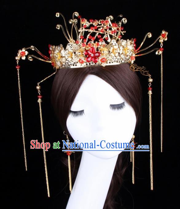 Chinese Ancient Bride XiuHe Suit Phoenix Coronet Hair Accessories Hanfu Handmade Hairpins Complete Set for Women