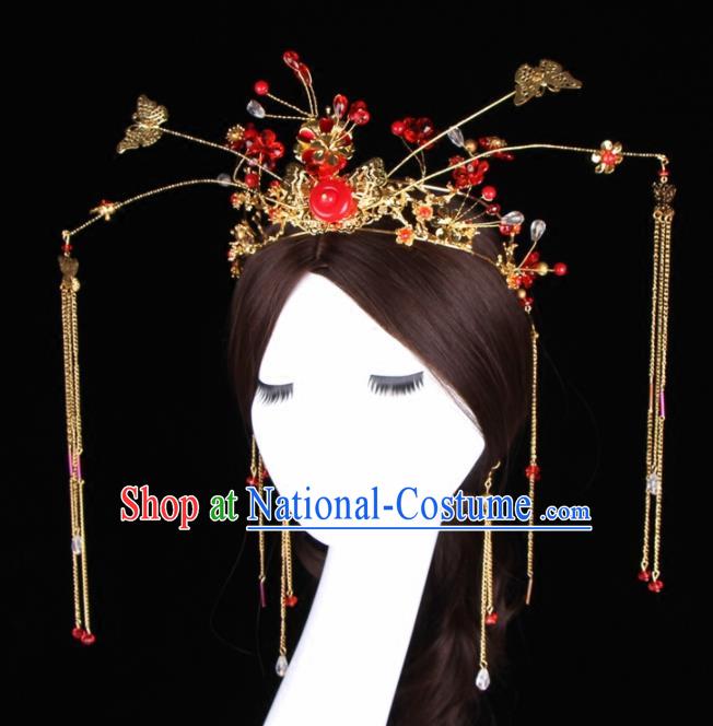 Chinese Ancient Bride Hair Accessories XiuHe Suit Golden Phoenix Coronet Hanfu Handmade Hairpins Complete Set for Women