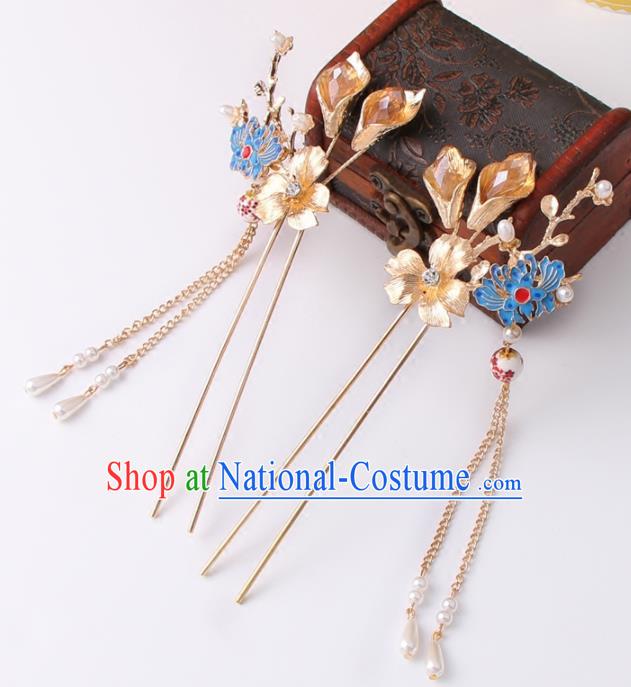 Chinese Ancient Bride Cloisonne Lotus Hair Clip XiuHe Suit Hair Accessories Hanfu Handmade Hairpins for Women