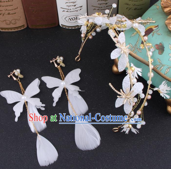 Top Grade Bride Hair Accessories Wedding Crystal Hair Clasp and Feather Earrings for Women