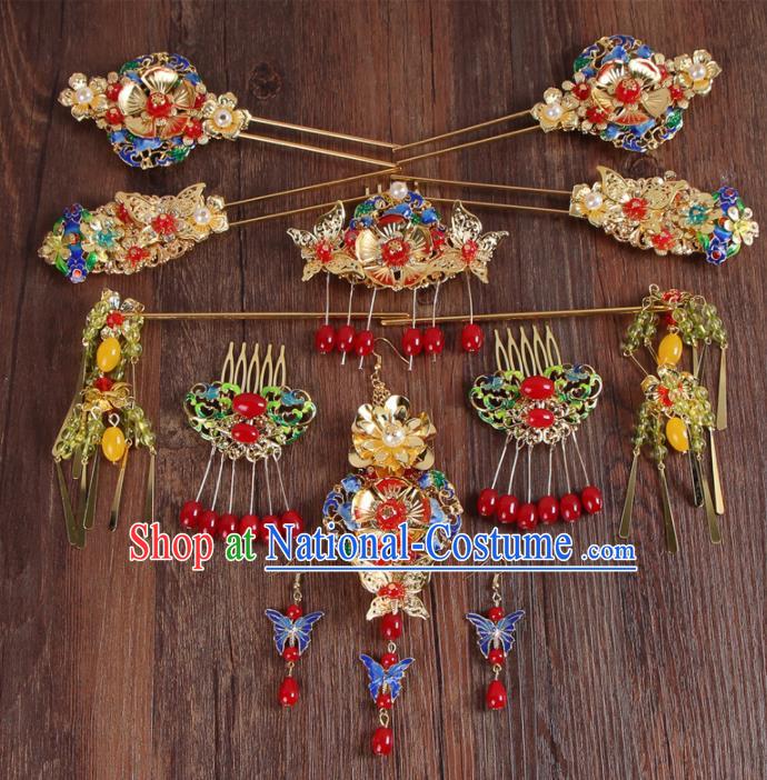 Chinese Ancient XiuHe Suit Cloisonne Hair Accessories Bride Handmade Hairpins Complete Set for Women