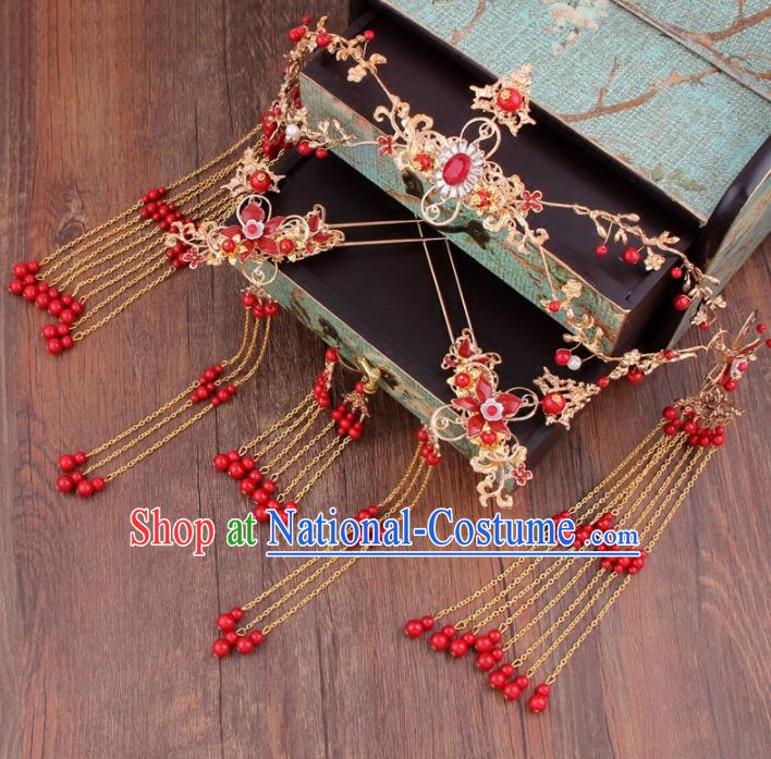 Chinese Ancient Bride Hair Clasp XiuHe Suit Hair Accessories Complete Set Hanfu Handmade Hairpins for Women