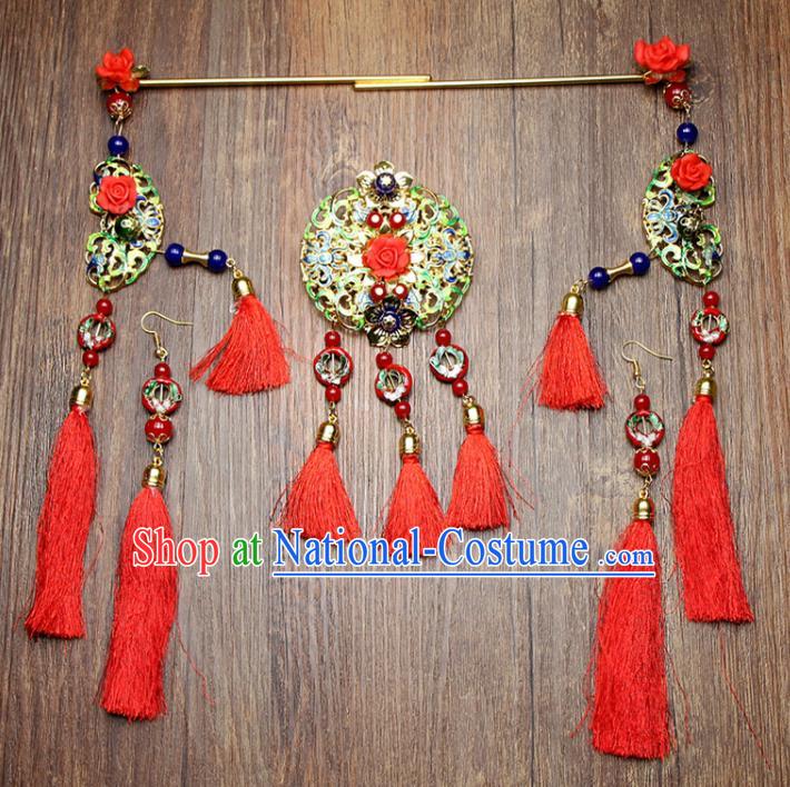 Chinese Ancient XiuHe Suit Bride Handmade Red Tassel Hairpins Hair Accessories Complete Set for Women