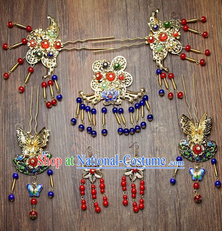 Chinese Ancient XiuHe Suit Handmade Blueing Butterfly Hairpins Hair Accessories Complete Set for Women