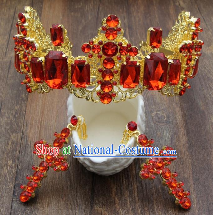 Top Grade Bride Hair Accessories Wedding Red Crystal Royal Crown and Earrings for Women