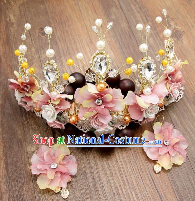 Top Grade Bride Hair Accessories Wedding Pink Flowers Royal Crown and Earrings for Women