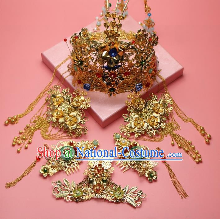 Chinese Ancient XiuHe Suit Handmade Phoenix Coronet Hairpins Hair Accessories Complete Set for Women