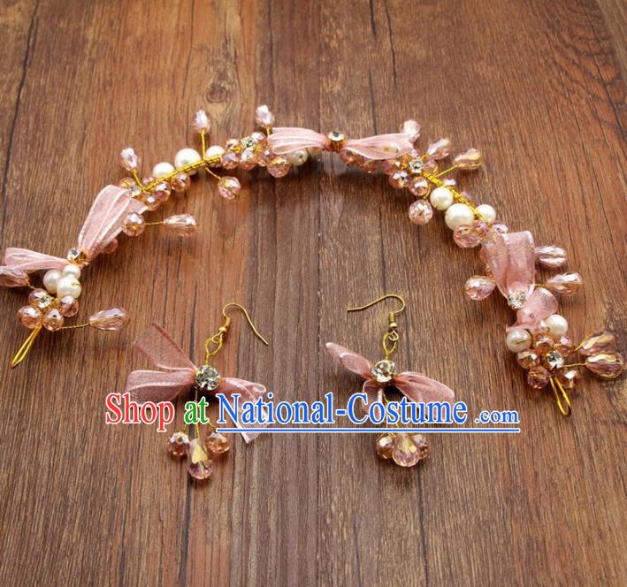 Top Grade Bride Hair Accessories Wedding Pink Bowknot Hair Clasp and Earrings for Women