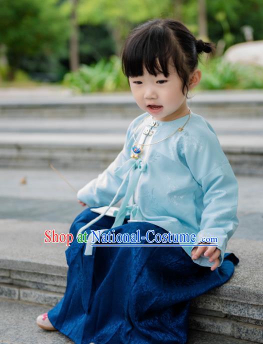 Traditional Chinese Ancient Costumes Blue Blouse and Skirt Ming Dynasty Princess Hanfu Dress for Kids