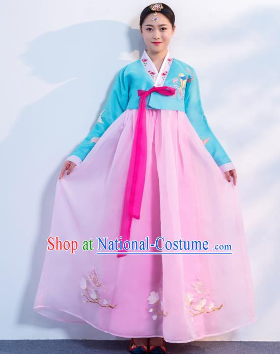 Asian Korean Traditional Costumes Korean Hanbok Blue Embroidered Blouse and Pink Skirt for Women