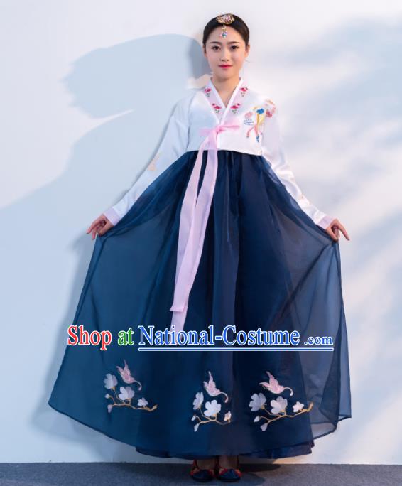 Asian Korean Traditional Costumes Korean Hanbok White Embroidered Blouse and Navy Skirt for Women