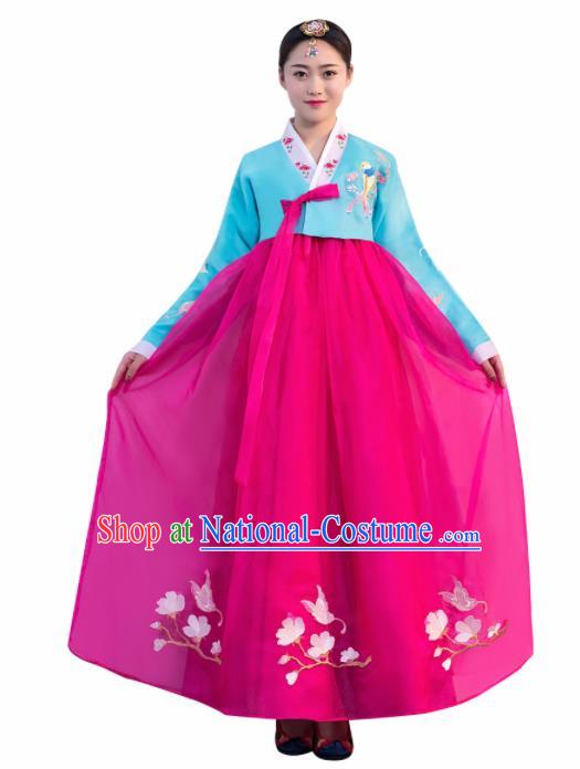 Asian Korean Traditional Costumes Korean Hanbok Blue Embroidered Blouse and Rosy Skirt for Women