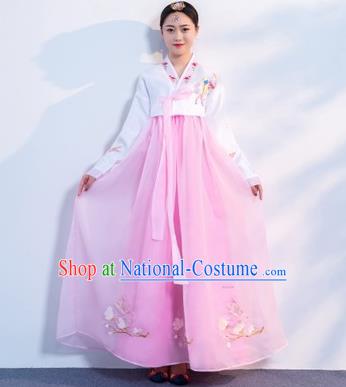 Asian Korean Traditional Costumes Korean Hanbok White Embroidered Blouse and Pink Skirt for Women