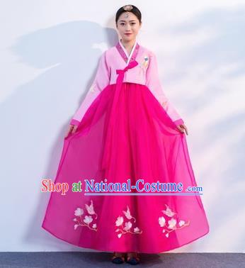 Asian Korean Traditional Costumes Korean Hanbok Pink Embroidered Blouse and Rosy Skirt for Women