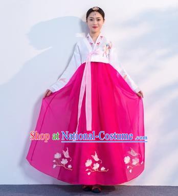 Asian Korean Traditional Costumes Korean Hanbok White Embroidered Blouse and Rosy Skirt for Women