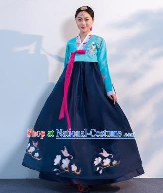 Asian Korean Traditional Costumes Korean Hanbok Blue Embroidered Blouse and Navy Skirt for Women