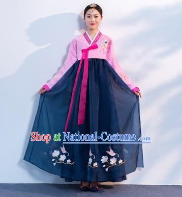 Asian Korean Traditional Costumes Korean Hanbok Pink Embroidered Blouse and Navy Skirt for Women