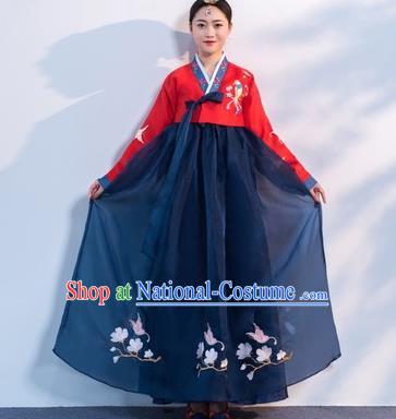 Asian Korean Traditional Costumes Korean Hanbok Red Embroidered Blouse and Navy Skirt for Women