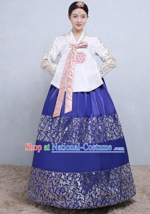 Asian Korean Traditional Costumes Korean Palace Hanbok Embroidered White Blouse and Blue Skirt for Women