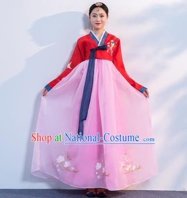 Asian Korean Traditional Costumes Korean Hanbok Red Embroidered Blouse and Pink Skirt for Women