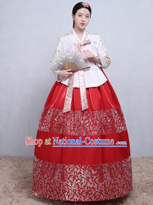 Asian Korean Traditional Costumes Korean Palace Hanbok Embroidered White Blouse and Red Skirt for Women