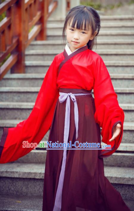 Traditional Chinese Ancient Costumes Jin Dynasty Princess Red Hanfu Dress for Kids