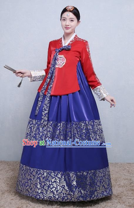 Asian Korean Traditional Costumes Korean Palace Hanbok Embroidered Red Blouse and Blue Skirt for Women