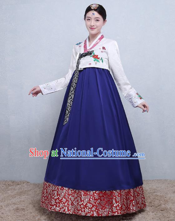 Asian Korean Traditional Costumes Korean Palace Hanbok Embroidered White Blouse and Blue Skirt for Women