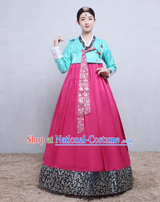 Asian Korean Traditional Costumes Korean Palace Hanbok Embroidered Blue Blouse and Rosy Skirt for Women