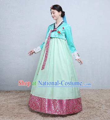 Asian Korean Traditional Costumes Korean Palace Hanbok Embroidered Blue Blouse and Green Skirt for Women