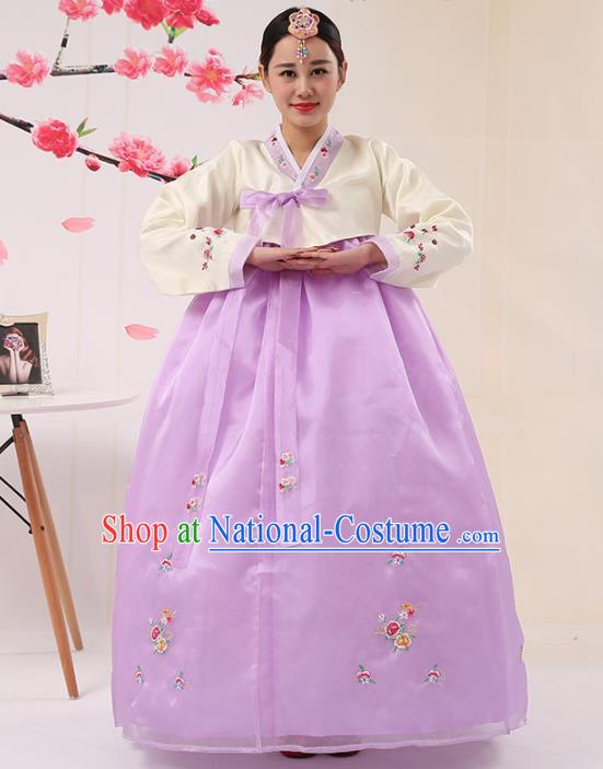 Korean Traditional Costumes Asian Korean Palace Hanbok Bride Embroidered Beige Blouse and Purple Skirt for Women