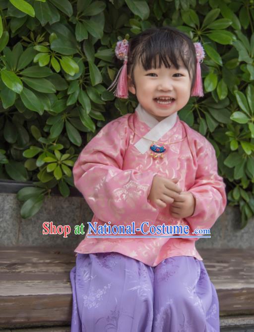 Traditional Chinese Ancient Costumes Ming Dynasty Princess Clothing Pink Blouse and Purple Skirt for Kids