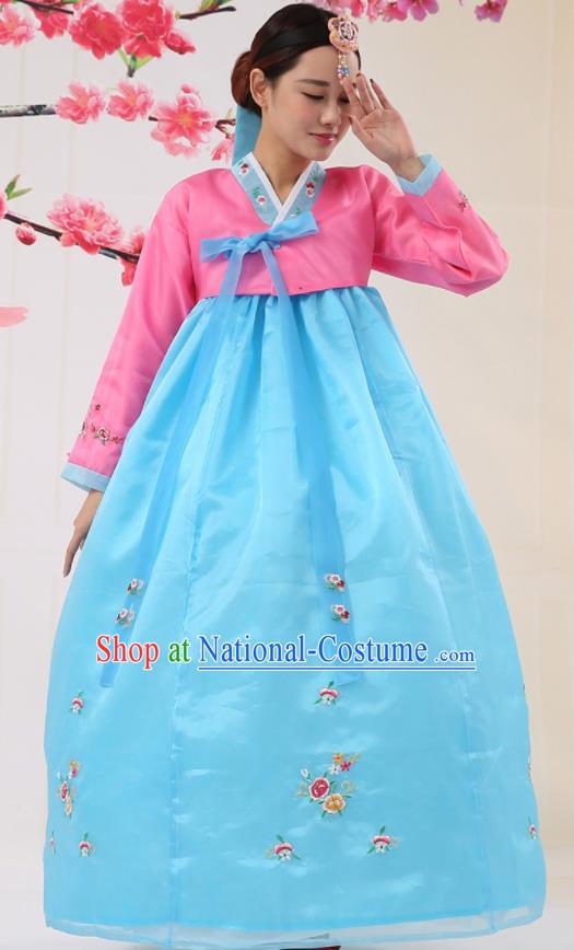 Korean Traditional Costumes Asian Korean Palace Hanbok Bride Embroidered Pink Blouse and Blue Skirt for Women