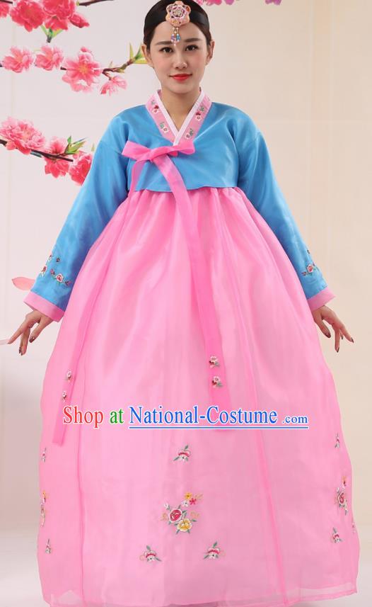 Korean Traditional Costumes Asian Korean Palace Hanbok Bride Embroidered Blue Blouse and Pink Skirt for Women