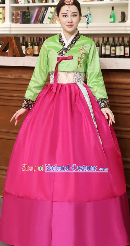 Korean Traditional Costumes Asian Korean Hanbok Palace Bride Embroidered Green Blouse and Rosy Skirt for Women