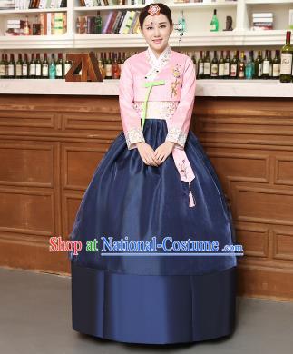 Korean Traditional Costumes Asian Korean Hanbok Palace Bride Embroidered Pink Blouse and Navy Skirt for Women