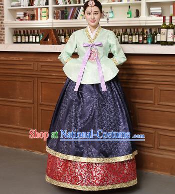 Korean Traditional Costumes Asian Korean Hanbok Palace Bride Embroidered Green Blouse and Navy Skirt for Women