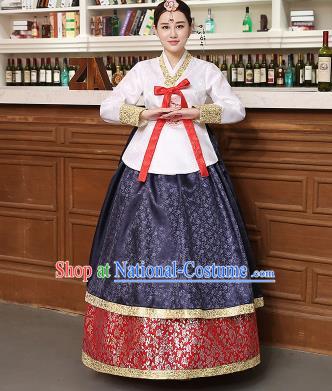 Korean Traditional Costumes Asian Korean Hanbok Palace Bride Embroidered White Blouse and Navy Skirt for Women