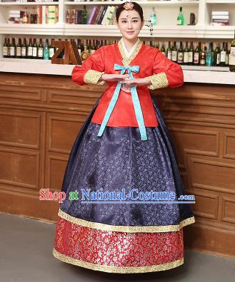 Korean Traditional Costumes Asian Korean Hanbok Palace Bride Embroidered Red Blouse and Navy Skirt for Women