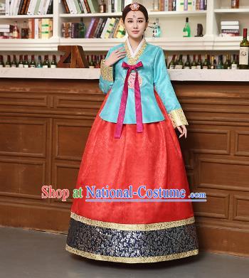 Korean Traditional Costumes Asian Korean Hanbok Palace Bride Embroidered Blue Blouse and Red Skirt for Women