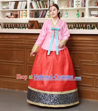 Korean Traditional Costumes Asian Korean Hanbok Palace Bride Embroidered Pink Blouse and Red Skirt for Women