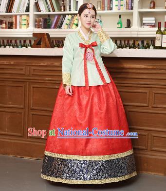 Korean Traditional Costumes Asian Korean Hanbok Palace Bride Embroidered Green Blouse and Red Skirt for Women