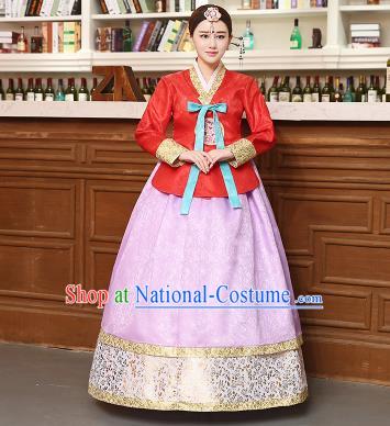 Korean Traditional Costumes Asian Korean Hanbok Palace Bride Embroidered Red Blouse and Lilac Skirt for Women