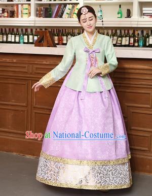 Korean Traditional Costumes Asian Korean Hanbok Palace Bride Embroidered Green Blouse and Lilac Skirt for Women