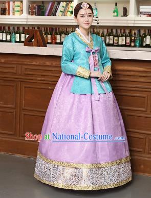 Korean Traditional Costumes Asian Korean Hanbok Palace Bride Embroidered Blue Blouse and Lilac Skirt for Women